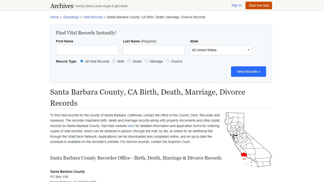 Santa Barbara County, CA Birth, Death, Marriage, Divorce ...